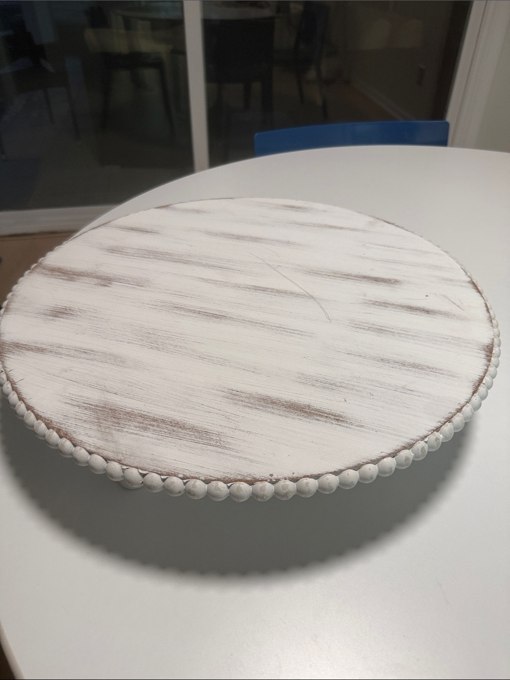 Round Wooden Cake Stand with Beaded Edge in Distressed White - 18”